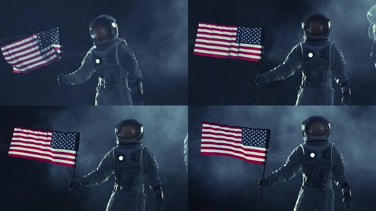 坚强的宇航员走过风暴与美国国旗，自豪地长裤它在黑暗的外星行星。太空旅行，殖民主题。