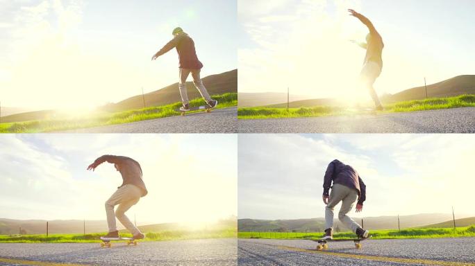 慢动作滑板手在日落时下山