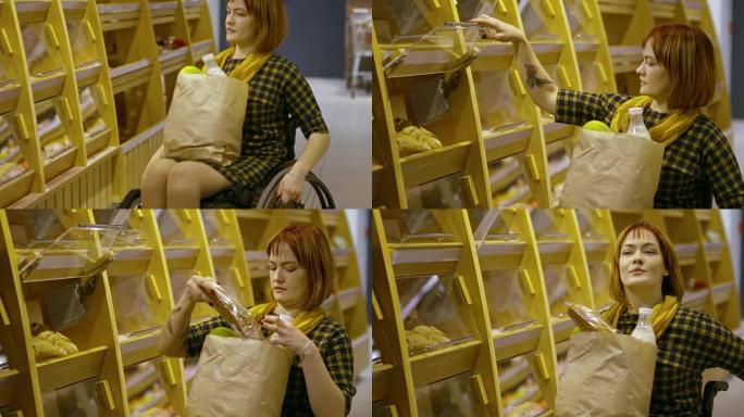 在超市里买面包的截瘫妇女