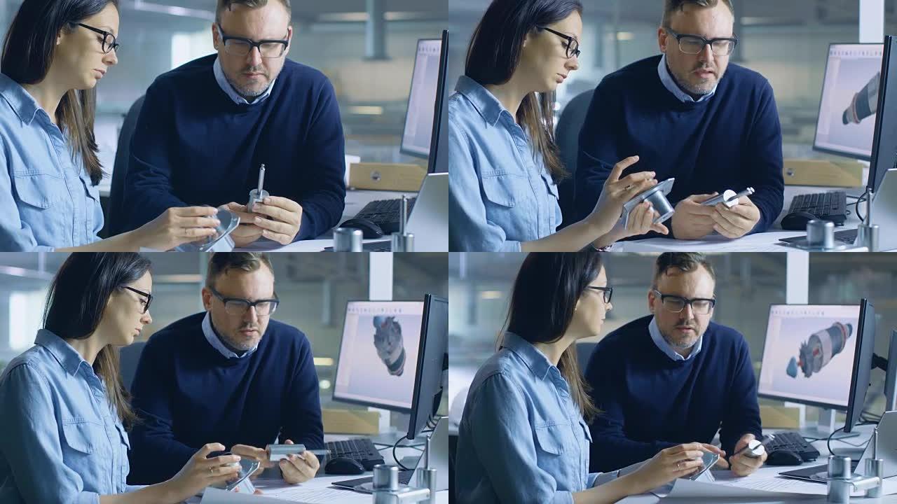 男总工程师向女技术员咨询组件的耐用性。计算机显示屏显示3D设计的涡轮/发动机零件。