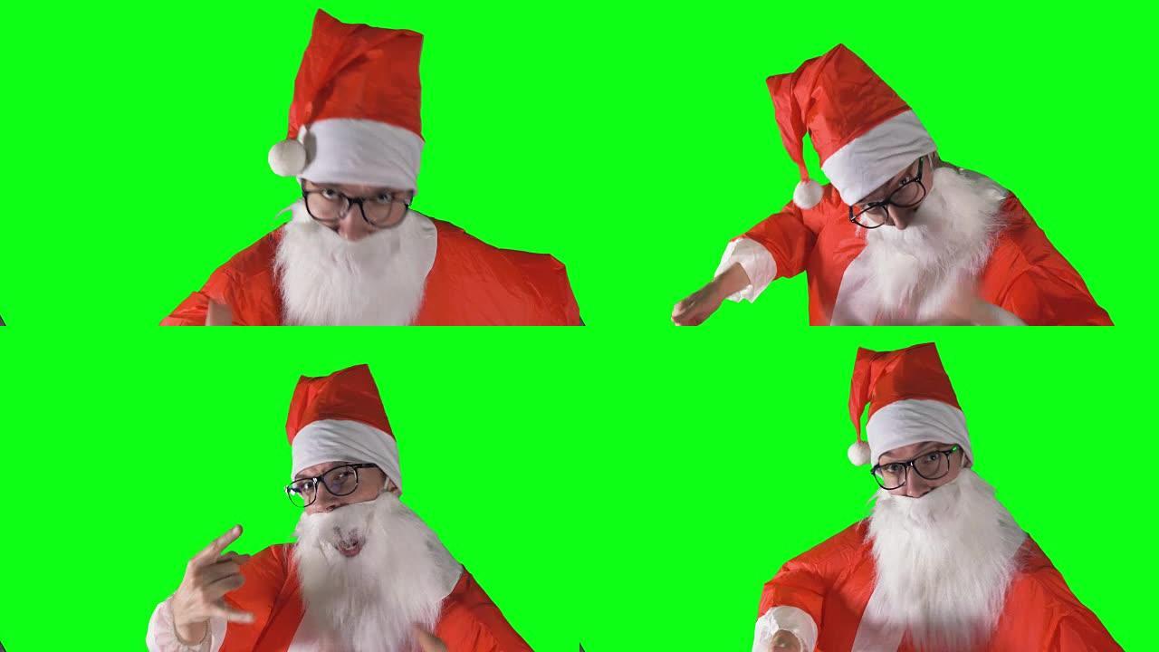 圣诞老人指着相机招手的特写镜头。