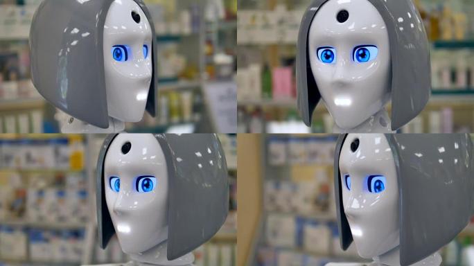 一个新的闪亮机器人闪烁着蓝色的大眼睛。