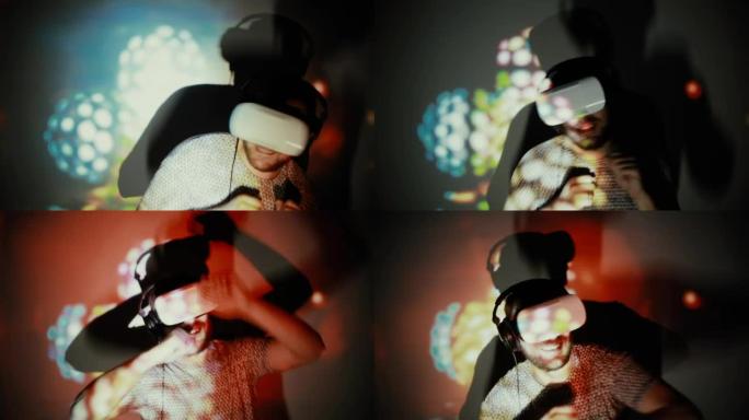 男子使用虚拟现实头盔。虚拟现实舞蹈模拟器