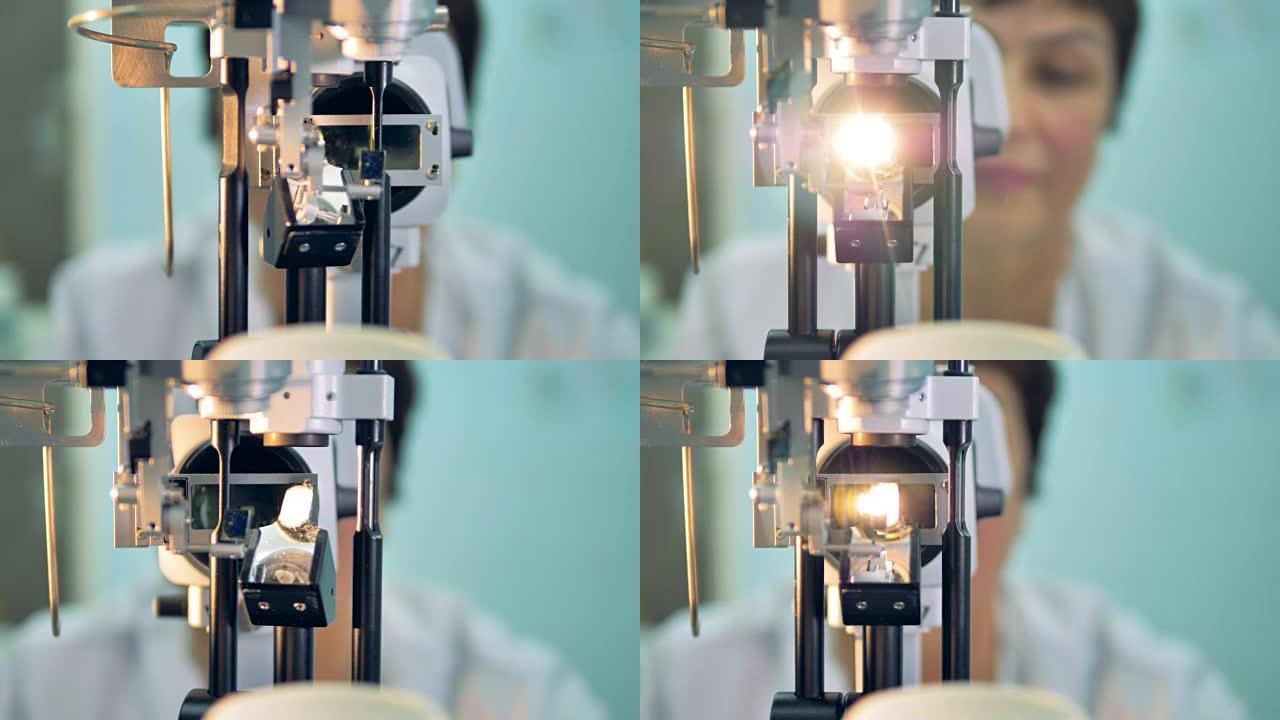 患者在眼科裂隙灯上的POV，背景是医生。4K。