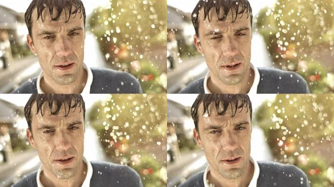高清超级慢动作: 雨中男人的肖像