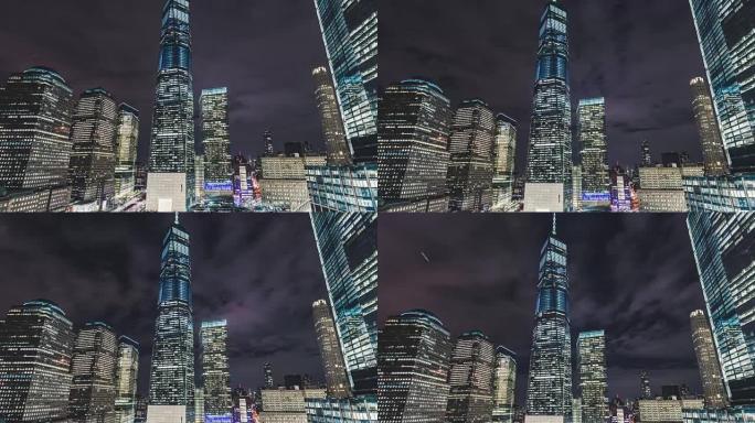 夜间/纽约市市中心摩天大楼的T/L LA TU低角度视图