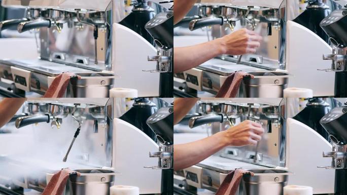专业咖啡师在咖啡店的客户订单上使用咖啡机。