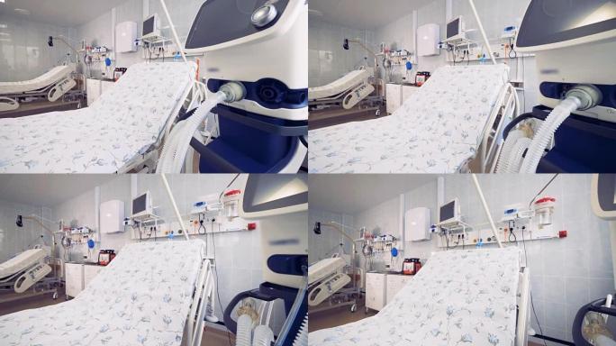 位于医院病房的两张病床之一显示在特写镜头中