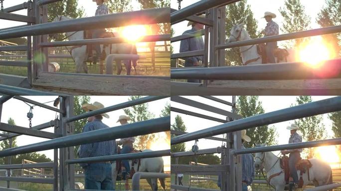 美国犹他州两名牛仔在日落时交谈的实时视频