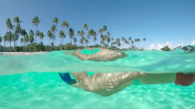 4k水下慢动作特写: 快乐的年轻女子在异国情调的暑假在天堂游泳和浮潜在完美的水晶般清澈的泻湖在热带岛