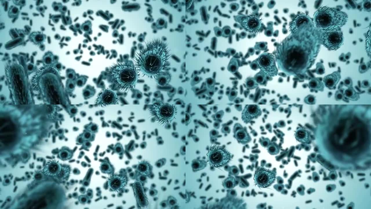 数字生成的细菌细胞在蓝色背景下流动