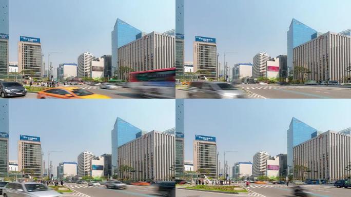 延时: 韩国首尔明洞市中心摩天大楼天际线的高速公路