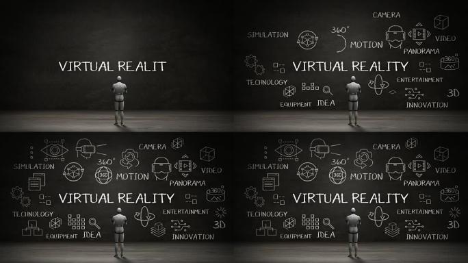 机器人站立墙，黑板上 “虚拟现实” 的手写概念。