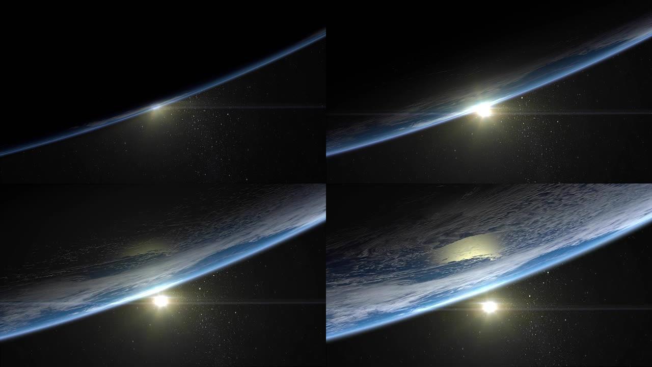 地球上空的日出。地平线在右边乱扔垃圾。从底部开始的日出。体积云。从太空看。美丽的星空。4K。