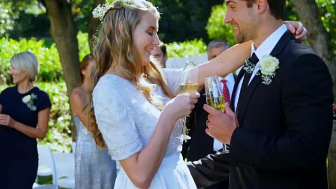 快乐的年轻新娘和新郎用香槟4K 4k敬酒