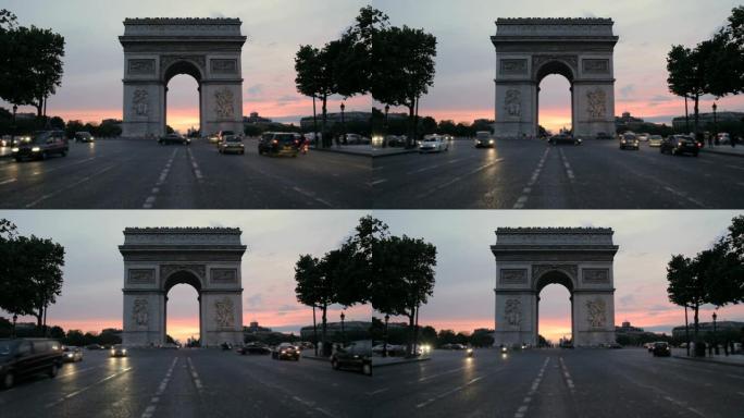 法国巴黎，黄昏时分香榭丽舍大街上的交通