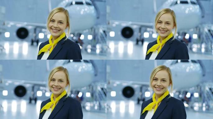 在一个飞机维修机库年轻美丽的金发空姐/空姐在镜头前迷人的微笑。在背景中全新的飞机是可见的。