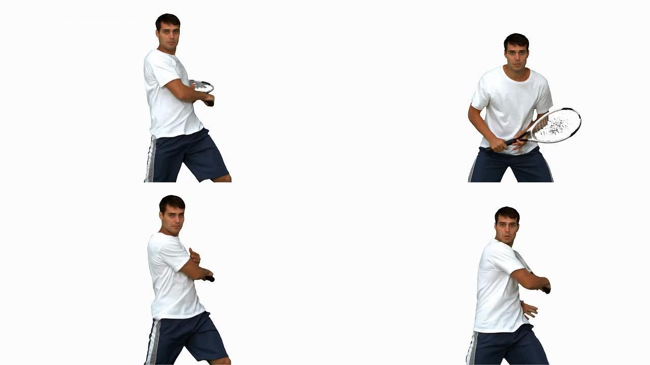 男子在白色屏幕上打网球时训练