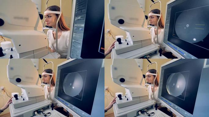 一名年轻女子作为病人进行视力检查的设备概况