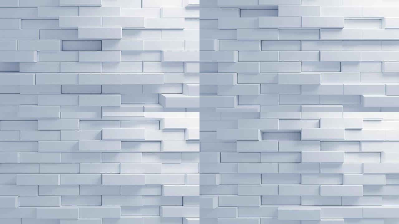 美丽的白砖在墙上移动的无缝3d动画。抽象运动设计背景。计算机生成的过程。4k UHD 3840x21