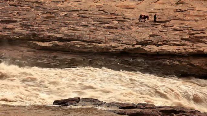 一位老人带着他的驴子在黄河边散步