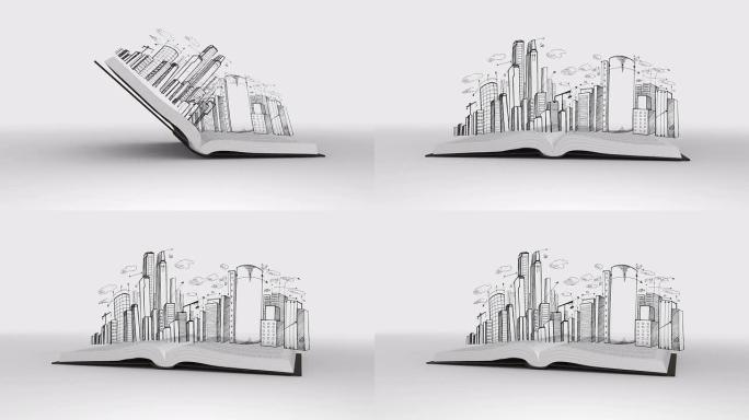 书籍开放以显示城市景观草图
