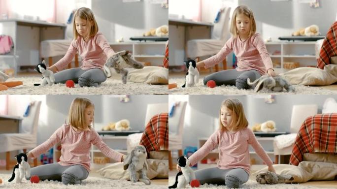可爱的年轻女孩在她明亮舒适的房间里坐在地毯上玩毛绒玩具。