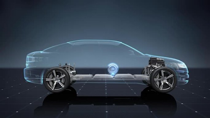 电子、离子电池混合动力汽车。给汽车电池充电。电池电量检查，未来的汽车。