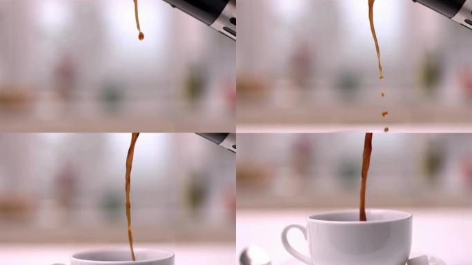 咖啡从咖啡倒入杯子中