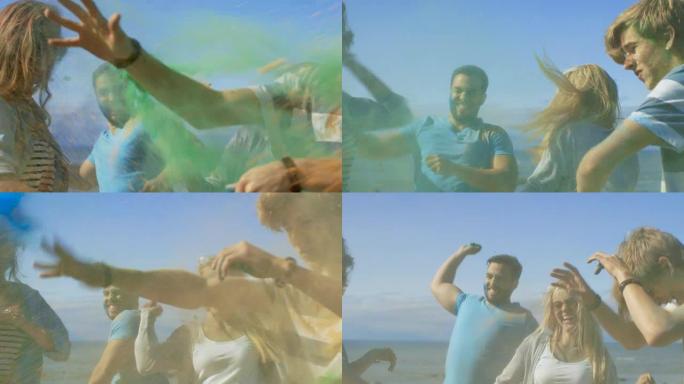 为了庆祝胡里节，多民族的年轻人互相扔五颜六色的粉末。在海边这个晴朗的日子里，他们玩得很开心。
