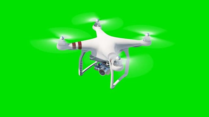 四轴飞行器在蓝天上飞行，用相机拍摄。带有绿色屏幕和Alpha蒙版的循环3d动画。现代电子概念。
