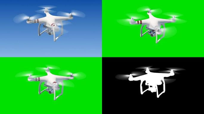 四轴飞行器在蓝天上飞行，用相机拍摄。带有绿色屏幕和Alpha蒙版的循环3d动画。现代电子概念。