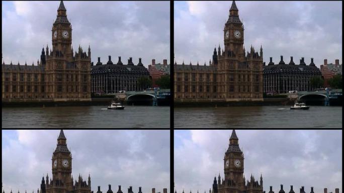 伦敦议会(大本钟)的外观在河上的船