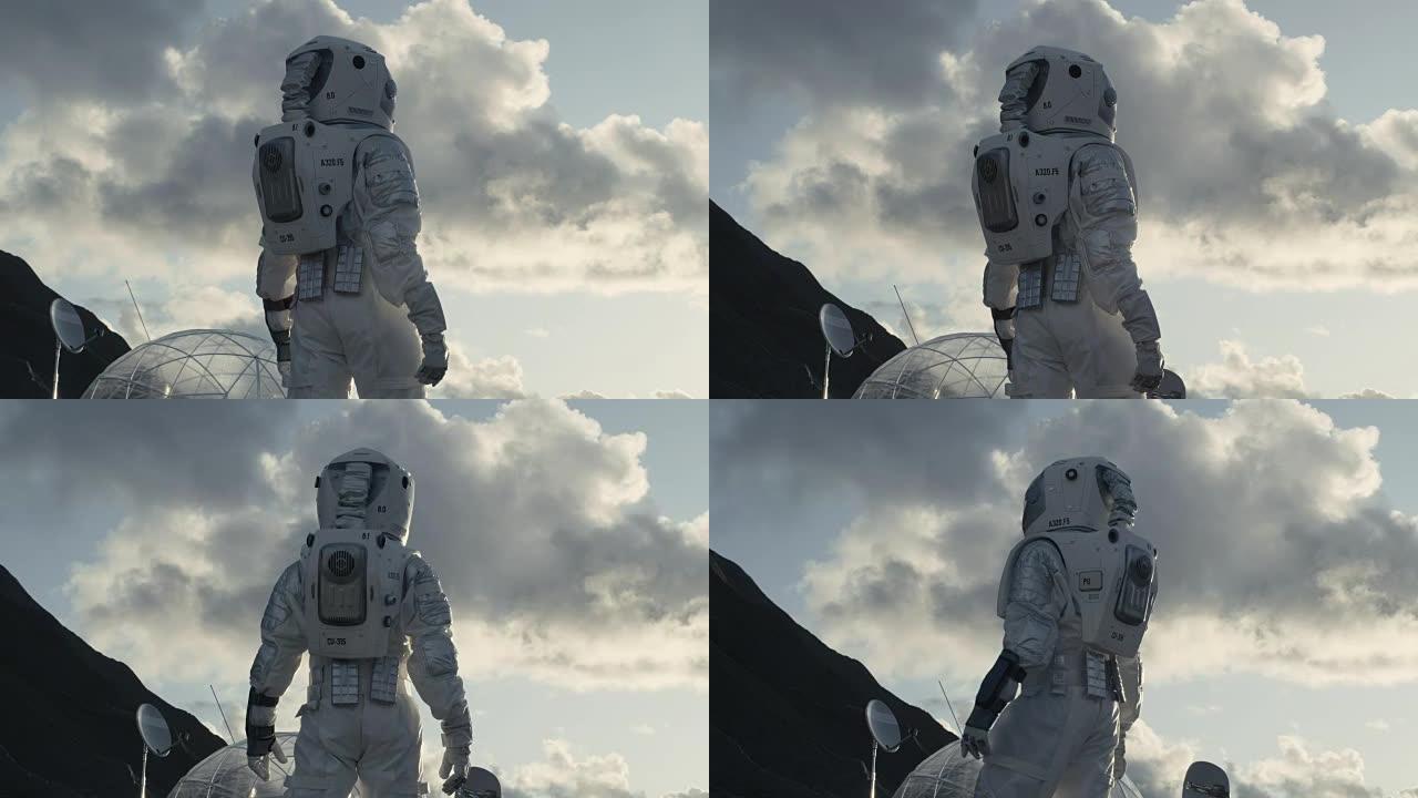 紧接着拍摄的宇航员在冰冻的外星星球上环顾四周。背景:他的基地/研究站。科技的进步带来了太空探索和殖民
