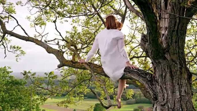 穿着白衬衫的SLO MO女人坐在树上