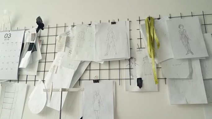 工作室的服装设计草图，黑白模板和固定在白色墙上的图纸。规划新衣服收藏和创意思维理念。