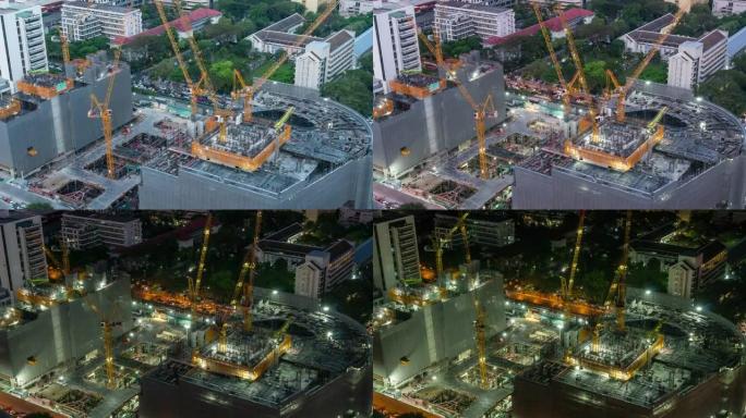 施工中的4k时间流逝，起重机建造了建筑物，日夜在曼谷市中心工作的工人