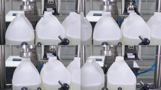 自动化生产线上的液体洗涤剂。装瓶机械。4K。