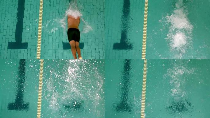 健身男子在游泳池潜水