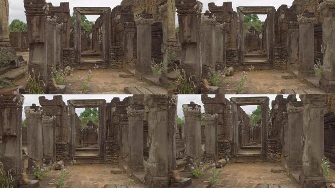 近距离观察:微风吹过寺庙废墟的走廊。