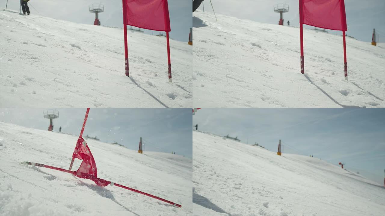 慢动作特写:滑雪障碍之间的大门