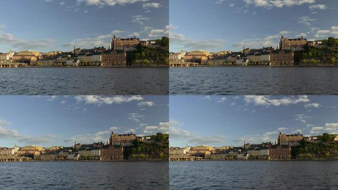 从老城路堤上的水面看。瑞典斯德哥尔摩。缩小镜头
