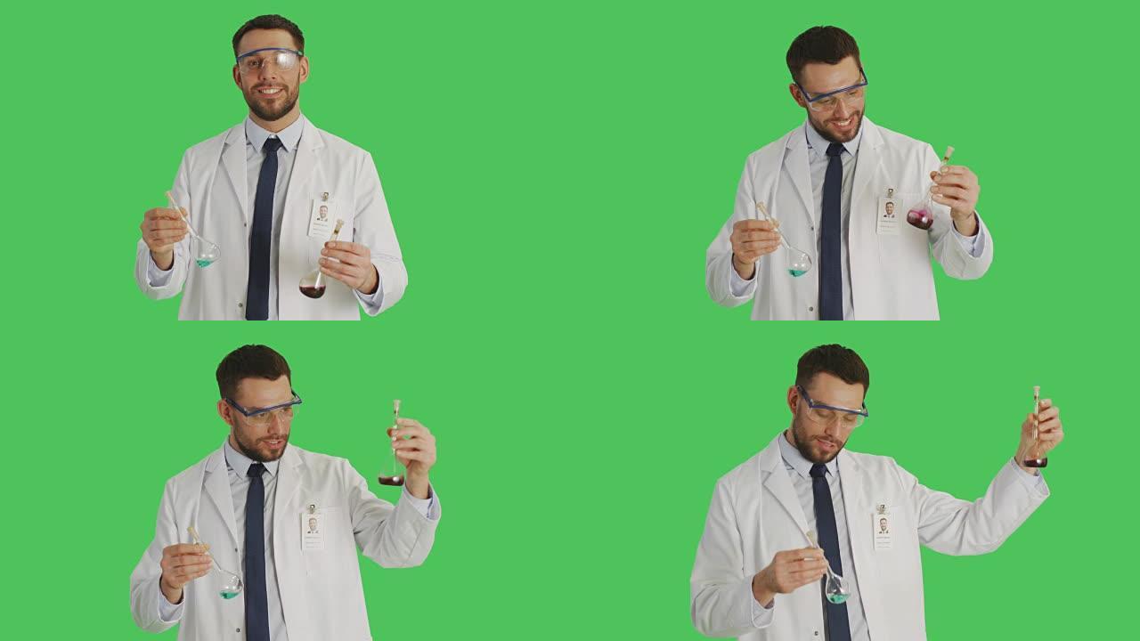 一位科学家戴着防护眼镜，在烧杯中混合化学物质。背景是绿色屏幕。