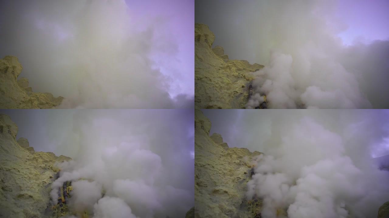 4k倾斜，Kawah Ijen的硫磺烟雾，Indenesia的Vocalno。