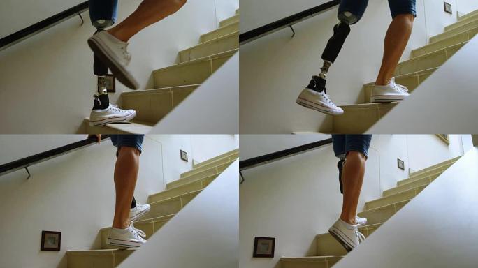 带假肢的残疾妇女在楼上移动4k