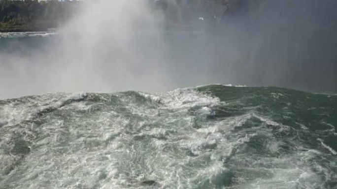 空中: 尼亚加拉河上的瀑布猛烈冲过墙壁进入鸿沟