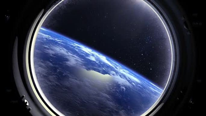 透过宇宙飞船的窗户可以看到地球。国际空间站。向前飞去。现实的氛围。体积云。从太空看。星星闪烁。太空，