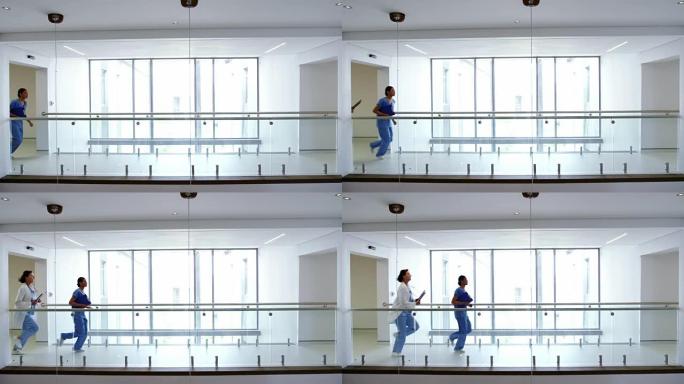 医生和护士在医院的通道中奔跑
