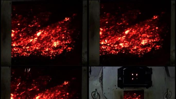 燃烧：煤炉内的红色/白色高温火焰