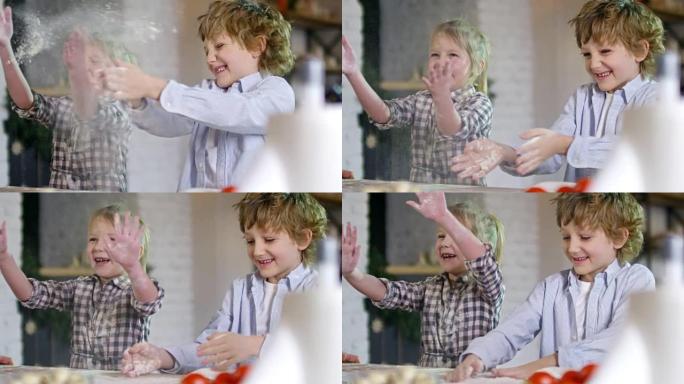快乐的孩子在厨房玩得开心